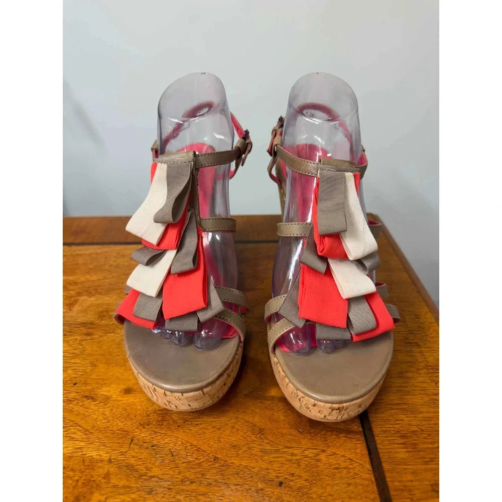 Boden Ruffle Ribbon Cork Wedge Sandals Taupe Pink Orange Size 41 EU 10 US